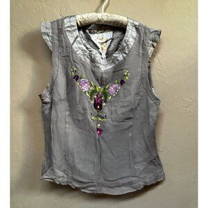 Knitted Dove Womens Embroidered Short Sleeve Silk Blouse Top Large Gray Casual